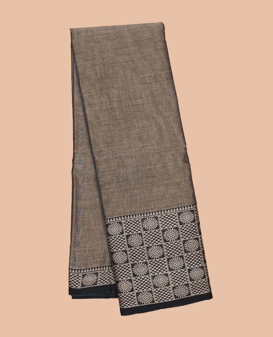 Grey plain design Narayanapet cotton saree, contrast chakram and bentex design border & striped pallu