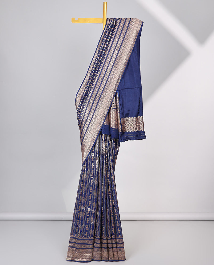 Blue geometric semi-banaras dola silk saree with self zari border & argyle pattern, geometric design pallu