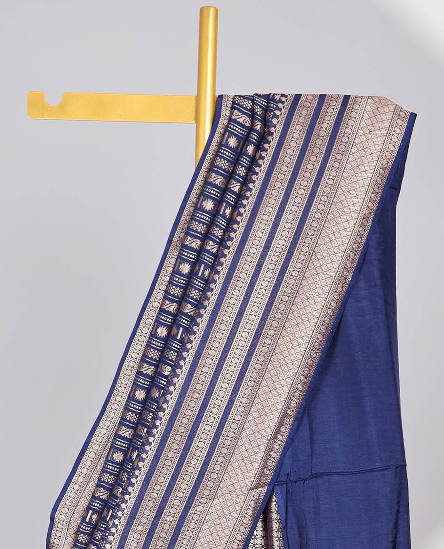 Blue geometric semi-banaras dola silk saree with self zari border & argyle pattern, geometric design pallu