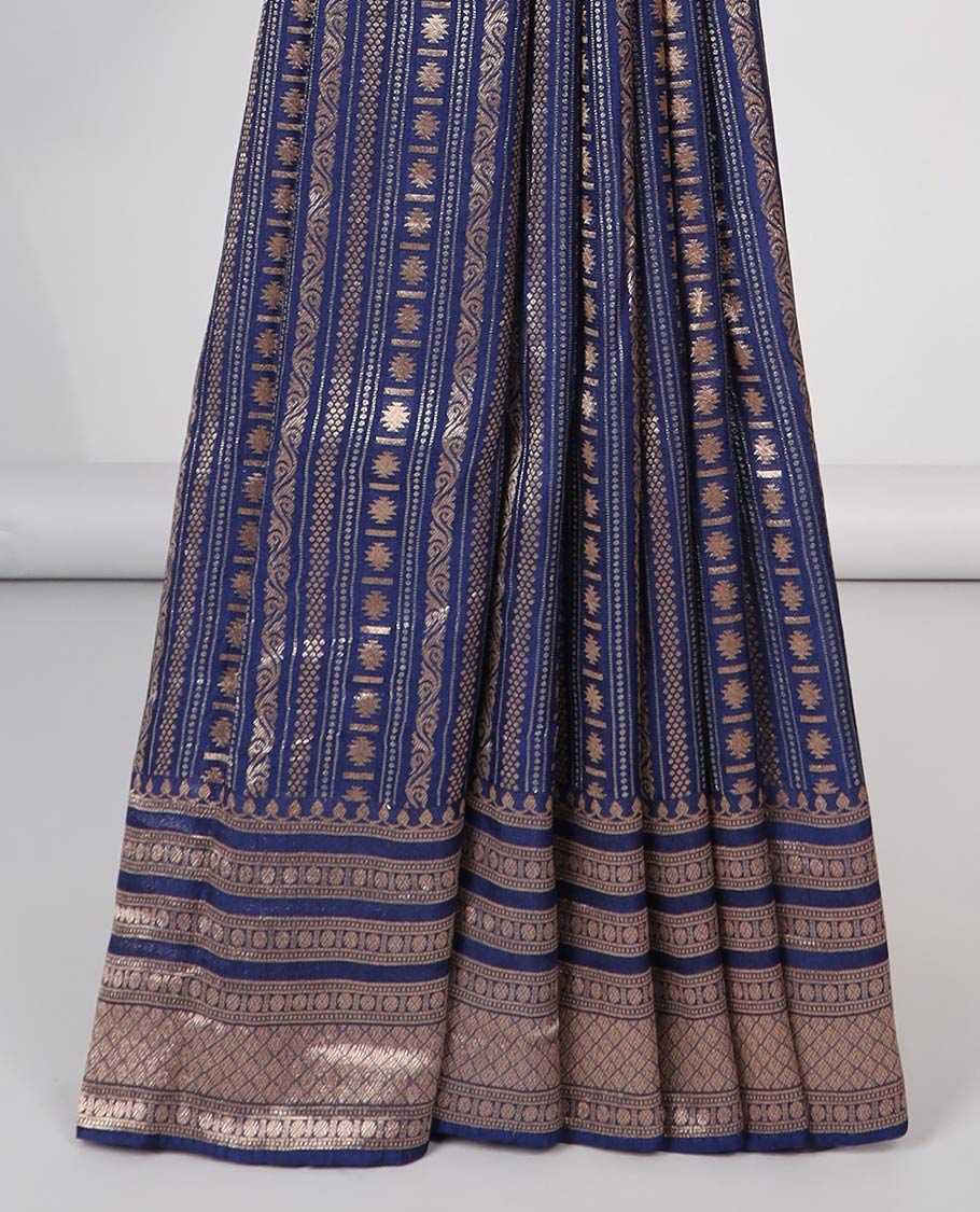 Blue geometric semi-banaras dola silk saree with self zari border & argyle pattern, geometric design pallu
