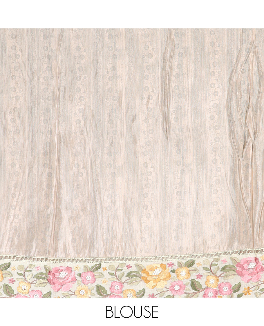 Sandal buttas with floral printed dola silk saree, contrast floral embroidered scallop border