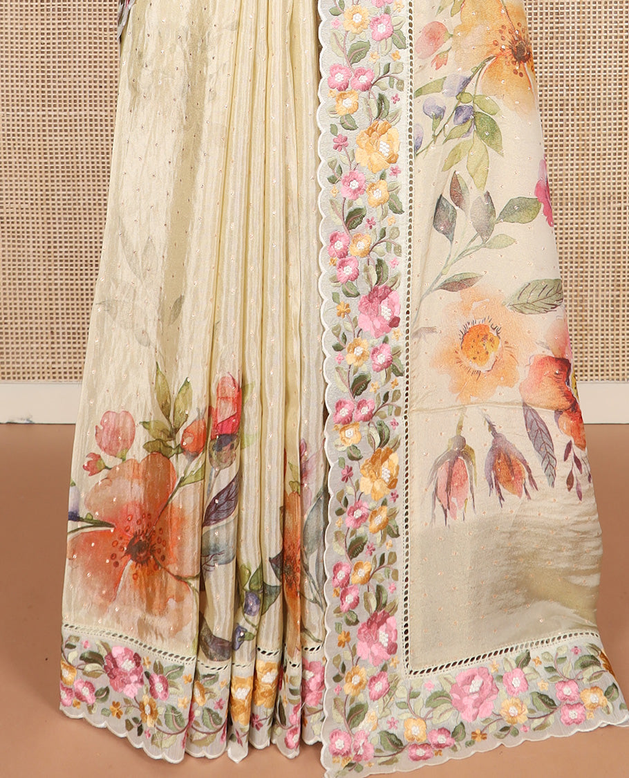 Sandal buttas with floral printed dola silk saree, contrast floral embroidered scallop border