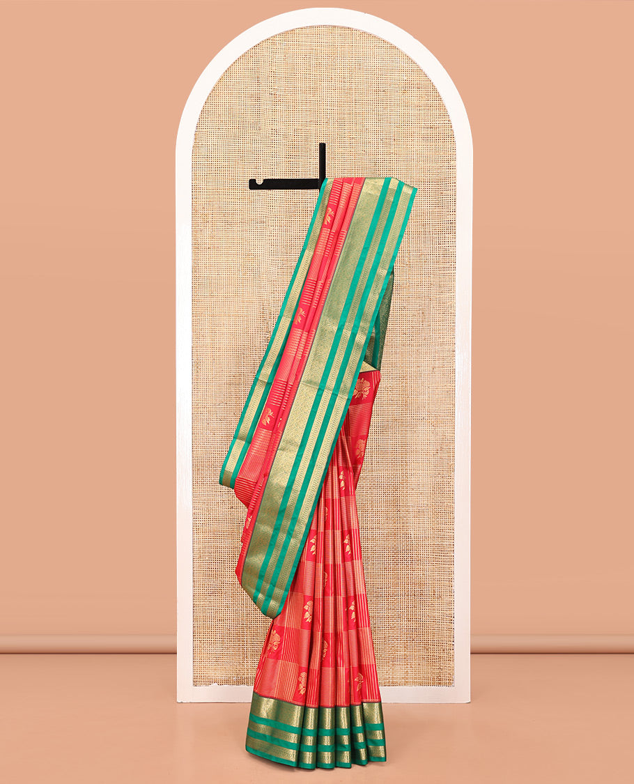 Rani Pink and Green Budget Silk Saree, Richly Detailed with Zari Butta Enclosed Checks On Its Body, Complemented by Contrast Traditional Zari Designs Woven Border, Grand Pallu and Paired with a Contrast Blouse