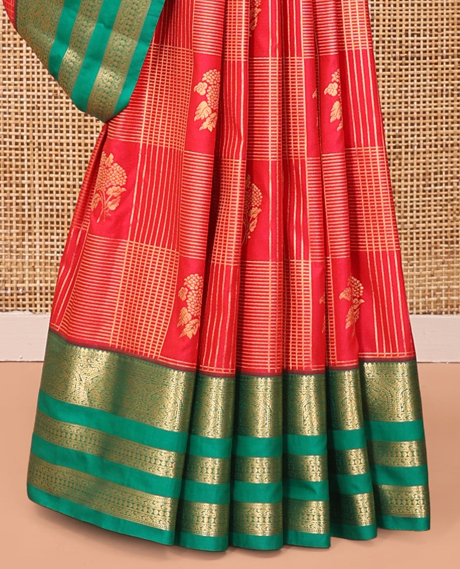 Rani Pink and Green Budget Silk Saree, Richly Detailed with Zari Butta Enclosed Checks On Its Body, Complemented by Contrast Traditional Zari Designs Woven Border, Grand Pallu and Paired with a Contrast Blouse