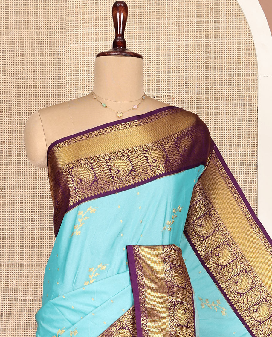 Light Blue and Purple Budget Silk Saree, Graced with Zari Buttas on Its Body, Complemented by a Contrast Traditional Zari Design Border of Paisleys, Pallu of Paisley Designs, and Paired with a Contrast Blouse