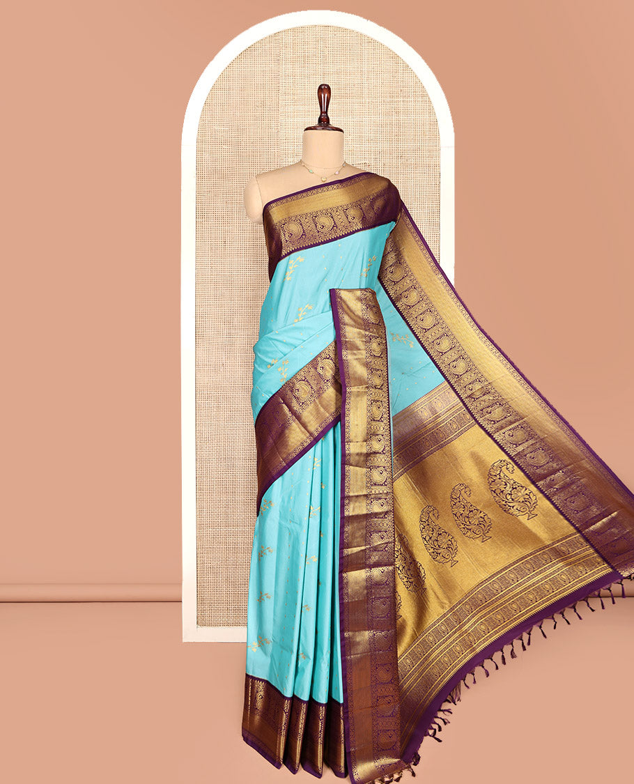 Light Blue and Purple Budget Silk Saree, Graced with Zari Buttas on Its Body, Complemented by a Contrast Traditional Zari Design Border of Paisleys, Pallu of Paisley Designs, and Paired with a Contrast Blouse