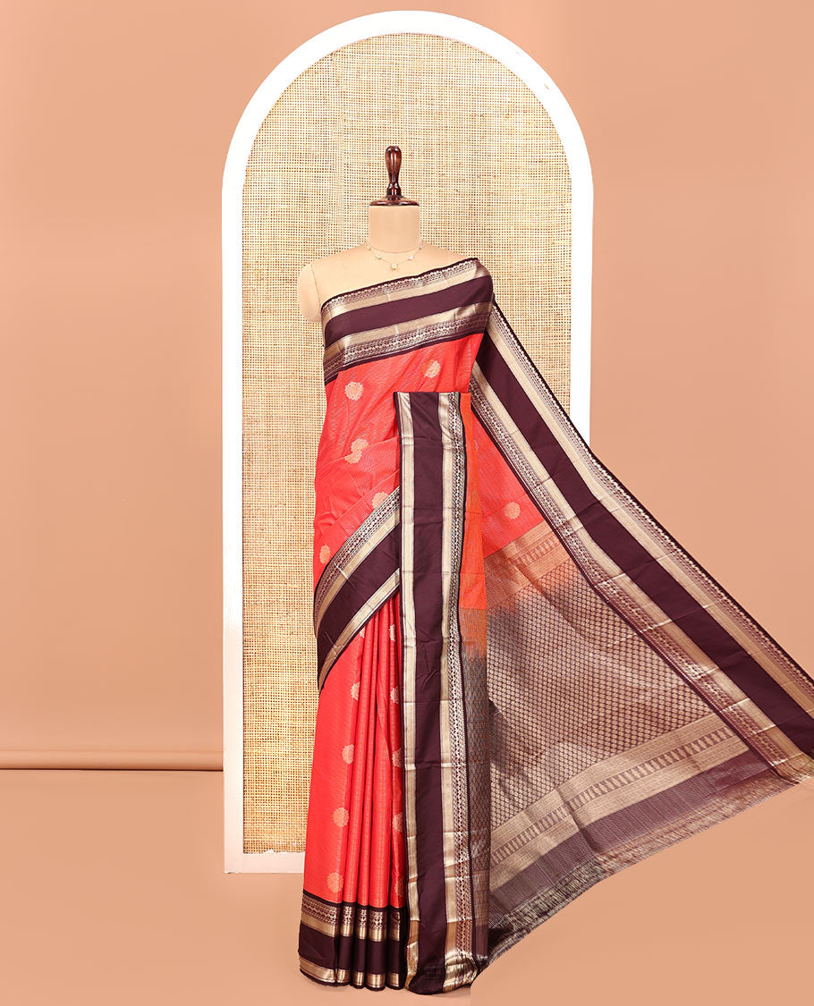 Reddish Orange and Coffee Brown Budget Silk Saree, Ornamented With Zari Buttas and Vaira Oosai Stripes All Over Its Body, Complemented by Contrast Traditional Zari Rettai Pettu Border, Grand Pallu, and Paired with a Contrast Blouse
