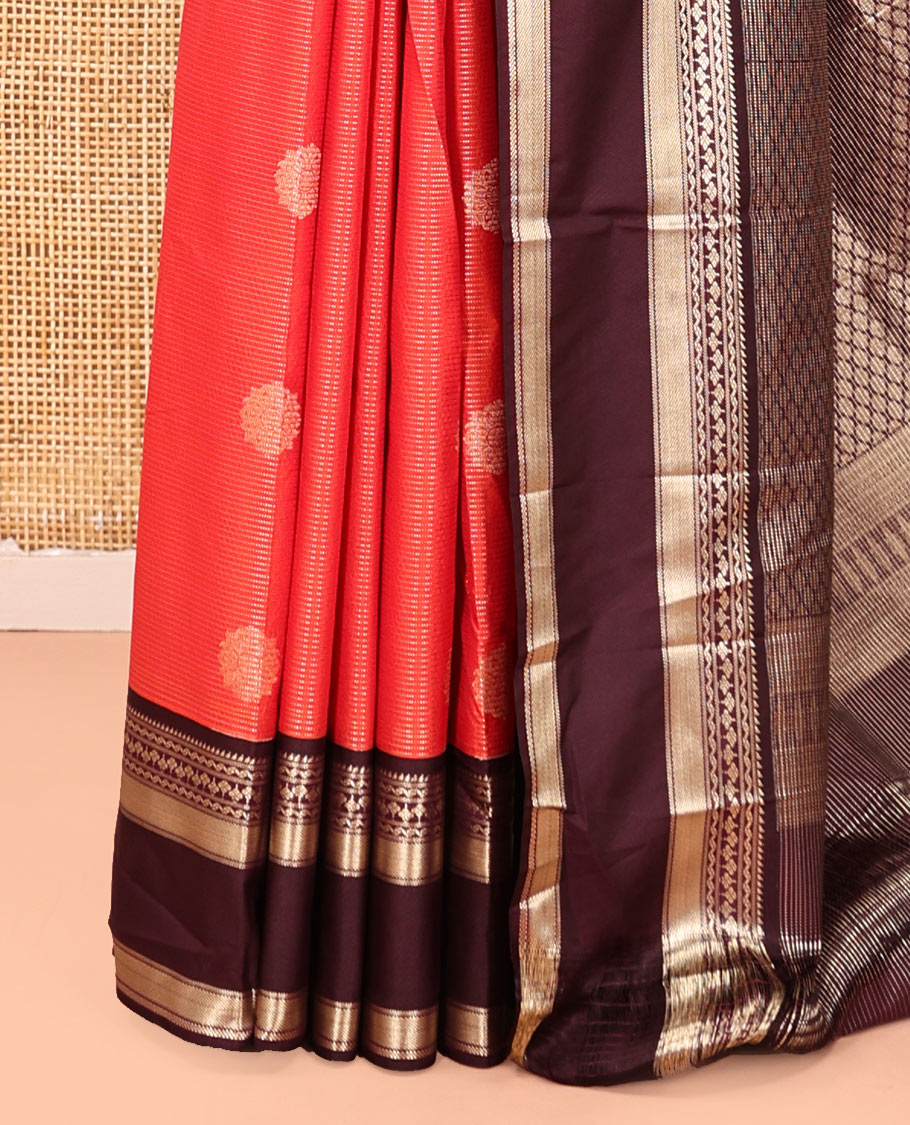 Reddish Orange and Coffee Brown Budget Silk Saree, Ornamented With Zari Buttas and Vaira Oosai Stripes All Over Its Body, Complemented by Contrast Traditional Zari Rettai Pettu Border, Grand Pallu, and Paired with a Contrast Blouse