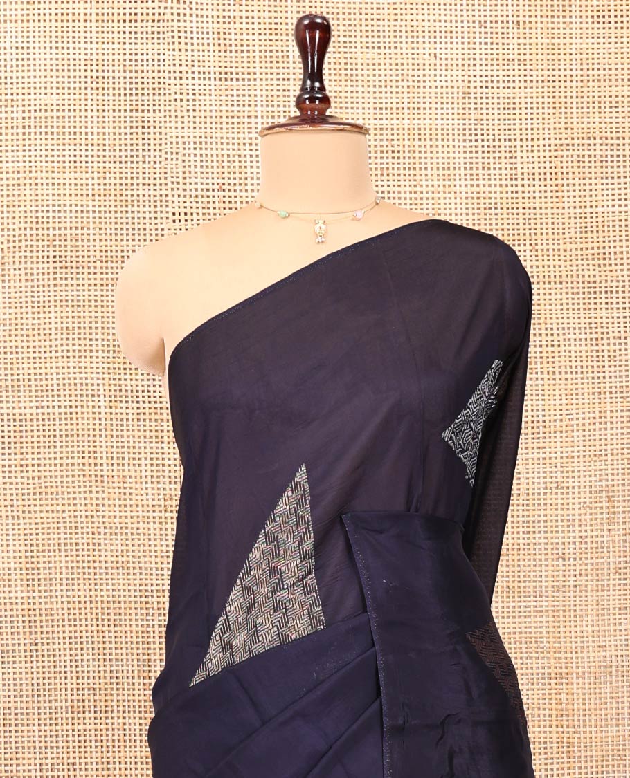 Borderless Navy Blue Chanderi Cotton Saree, Richly Detailed with Zari Triangle Motifs Steeped All Over Its Body, Highlighted by Grand Zari Rich Pallu, and Paired with a Matching Brocade Blouse