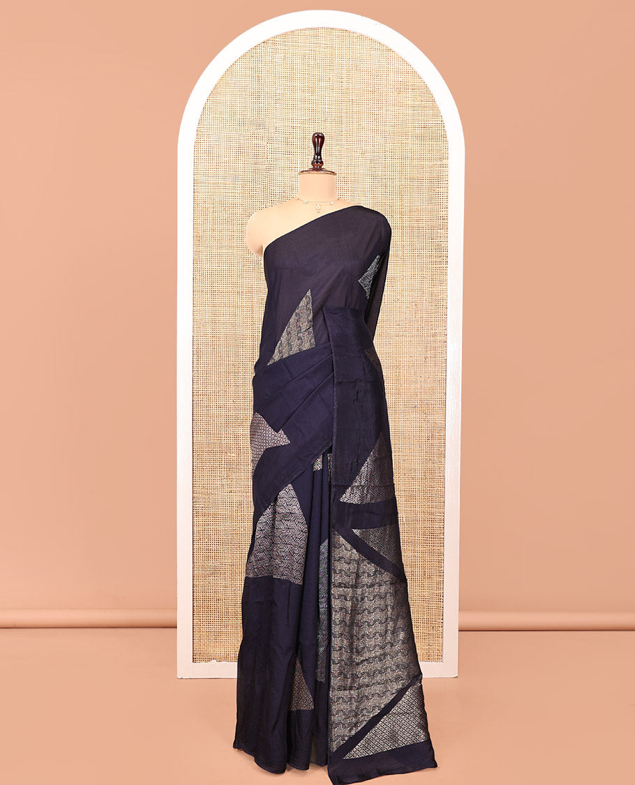 Borderless Navy Blue Chanderi Cotton Saree, Richly Detailed with Zari Triangle Motifs Steeped All Over Its Body, Highlighted by Grand Zari Rich Pallu, and Paired with a Matching Brocade Blouse