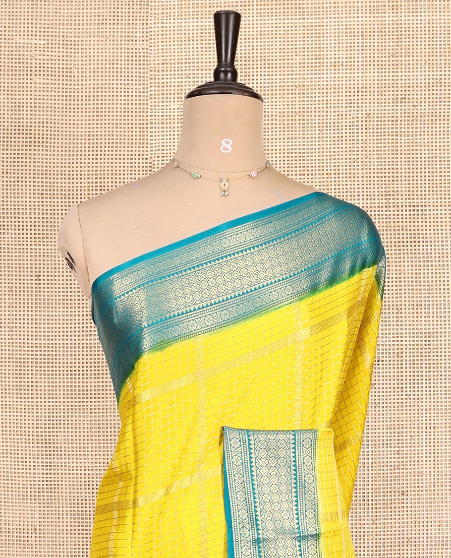 Yellow Fancy Mysore Silk Saree Features Zari Checks, Contrast Traditional Border, Grand Pallu, Contrast Blouse