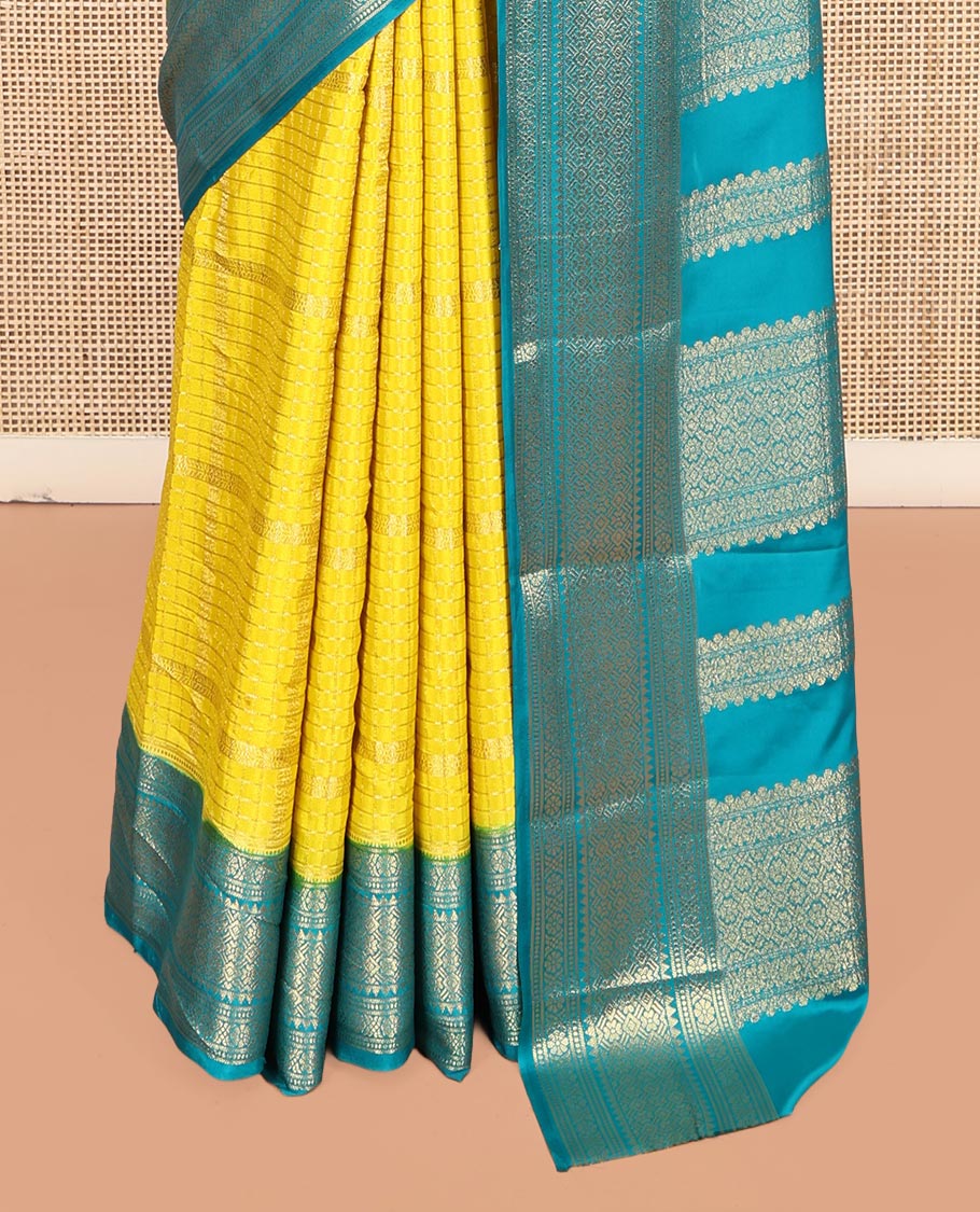 Yellow Fancy Mysore Silk Saree Features Zari Checks, Contrast Traditional Border, Grand Pallu, Contrast Blouse