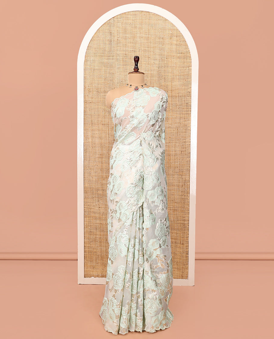 Sea Green Turkey Organza Saree Features Floral Gold-Glitter work, Scallop Border, Embroidered Blouse