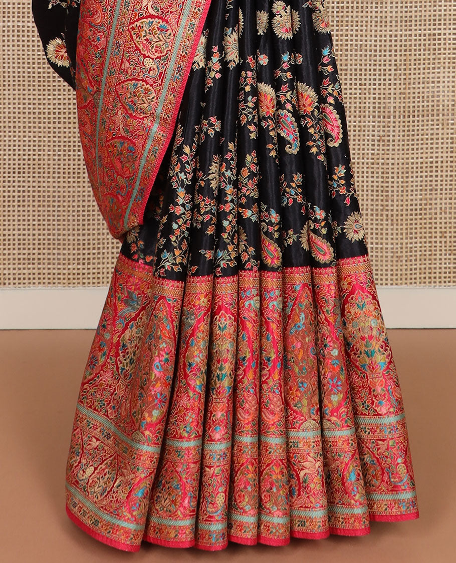 Black meenakari-style floral & paisley vine pattern dola satin silk saree, contrast border & pallu steeped with meenakari-style flora-fauna motifs