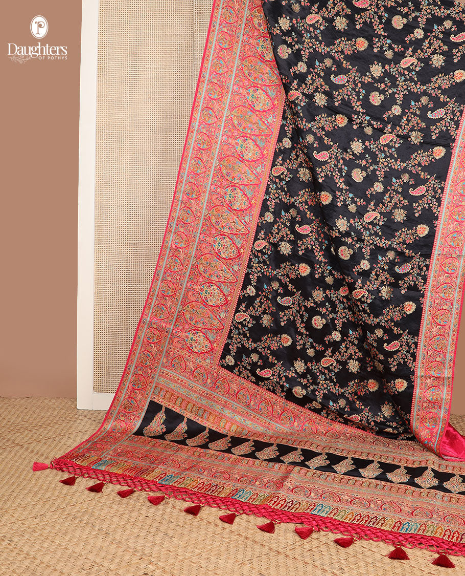 Black meenakari-style floral & paisley vine pattern dola satin silk saree, contrast border & pallu steeped with meenakari-style flora-fauna motifs