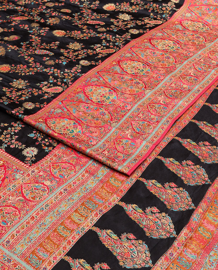 Black meenakari-style floral & paisley vine pattern dola satin silk saree, contrast border & pallu steeped with meenakari-style flora-fauna motifs