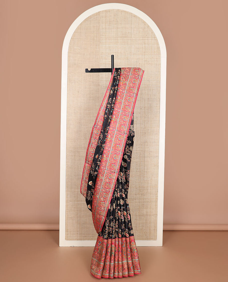 Black meenakari-style floral & paisley vine pattern dola satin silk saree, contrast border & pallu steeped with meenakari-style flora-fauna motifs