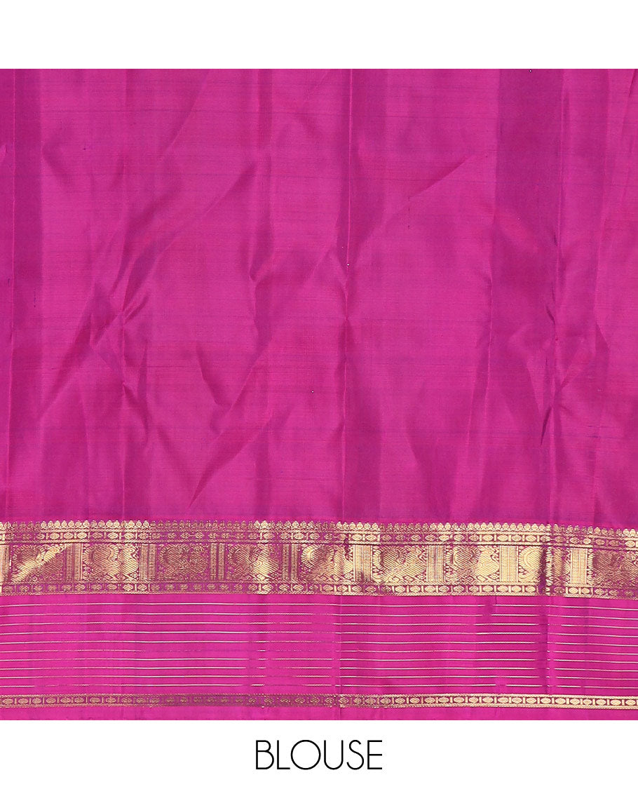 Eggplant purple annam chakram buttas enclosed checked Kanchipuram silksaree, contrast border of thilakm mokku, laddu kamalam, and mayil designs, and intricate pallu