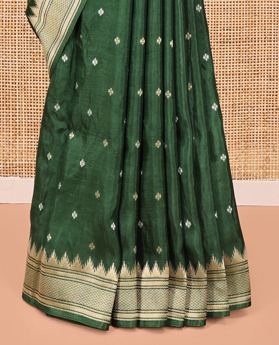 Mehendi Green HO Silk Saree, Elevated with Zari Buttas All Over Its Body, Highlighted by Temple Border of Diamond Patterns, Pallu Artfully Woven with Tree of Life Design, and Paired with a Matching Blouse