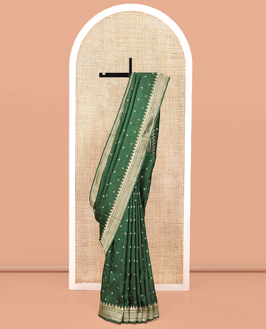 Mehendi Green HO Silk Saree, Elevated with Zari Buttas All Over Its Body, Highlighted by Temple Border of Diamond Patterns, Pallu Artfully Woven with Tree of Life Design, and Paired with a Matching Blouse