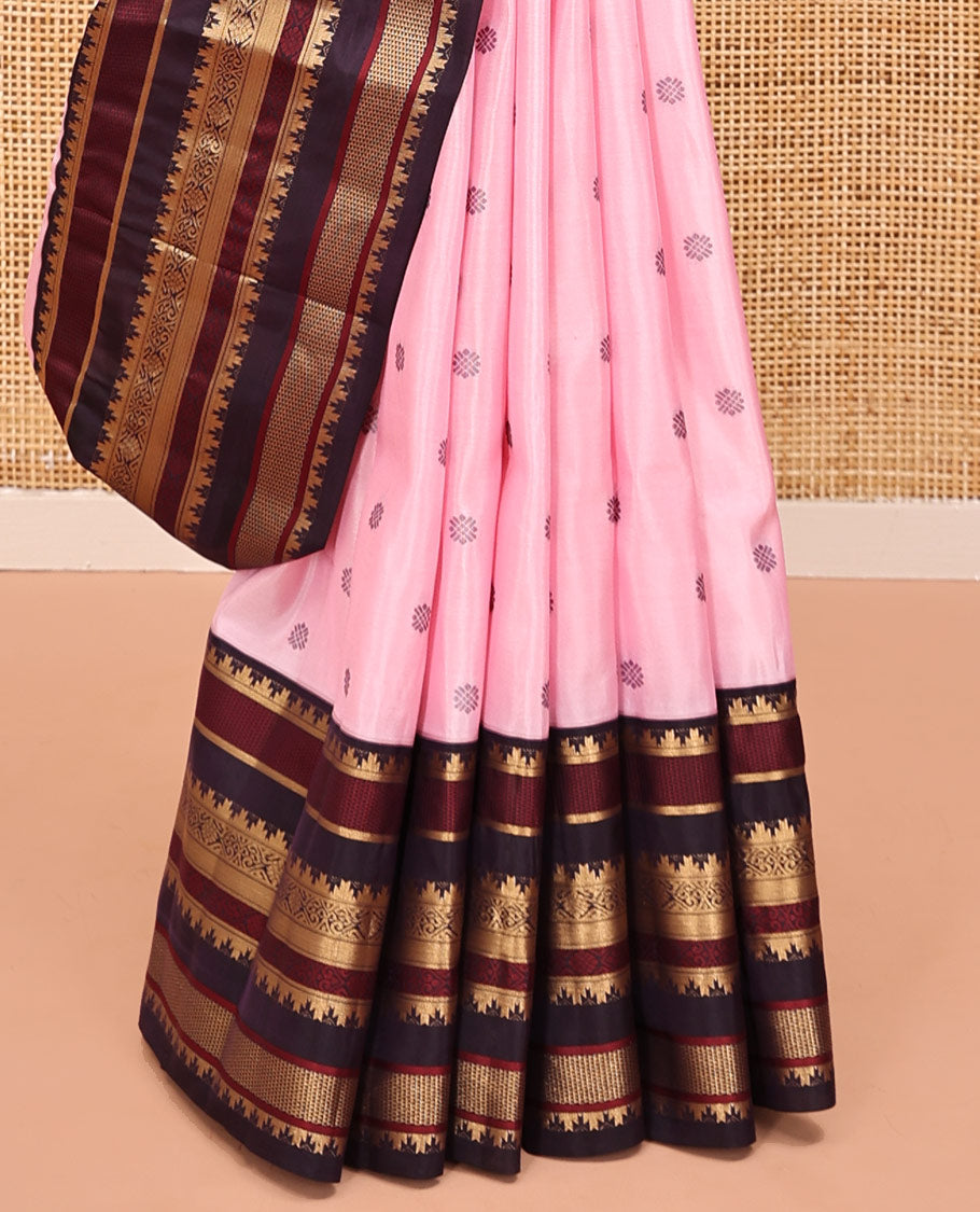 Baby Pink and Coffee Brown Vasundhara Lite Silk Mix Saree, Subtly Adorned with Buttas All Over Its Body, Complemented by Contrast Border of Thazampoo Rekku, Banaras, Jada Nagam, and Ara Maadam Designs, Grand Pallu, and Paired with a Contrast Blouse
