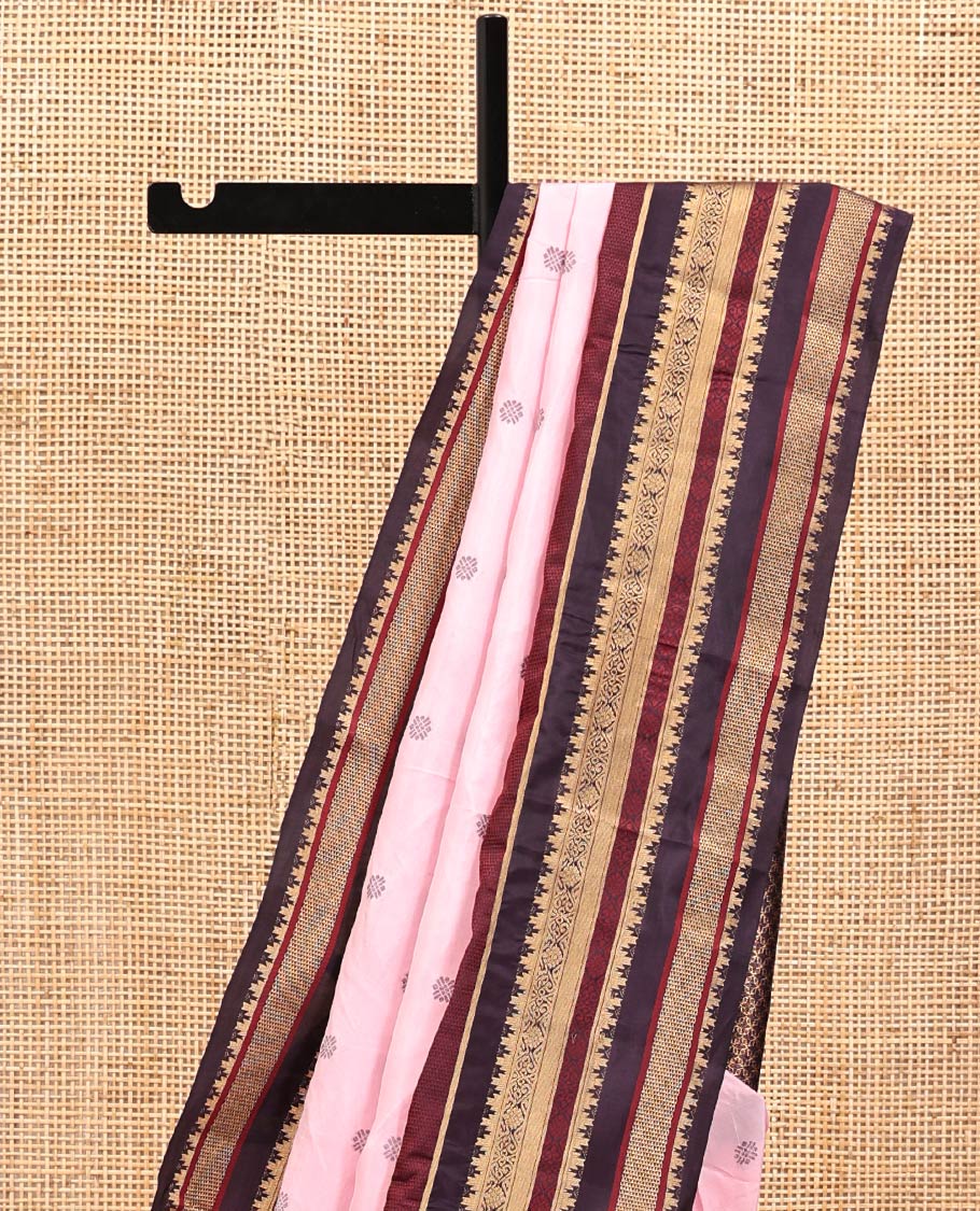 Baby Pink and Coffee Brown Vasundhara Lite Silk Mix Saree, Subtly Adorned with Buttas All Over Its Body, Complemented by Contrast Border of Thazampoo Rekku, Banaras, Jada Nagam, and Ara Maadam Designs, Grand Pallu, and Paired with a Contrast Blouse