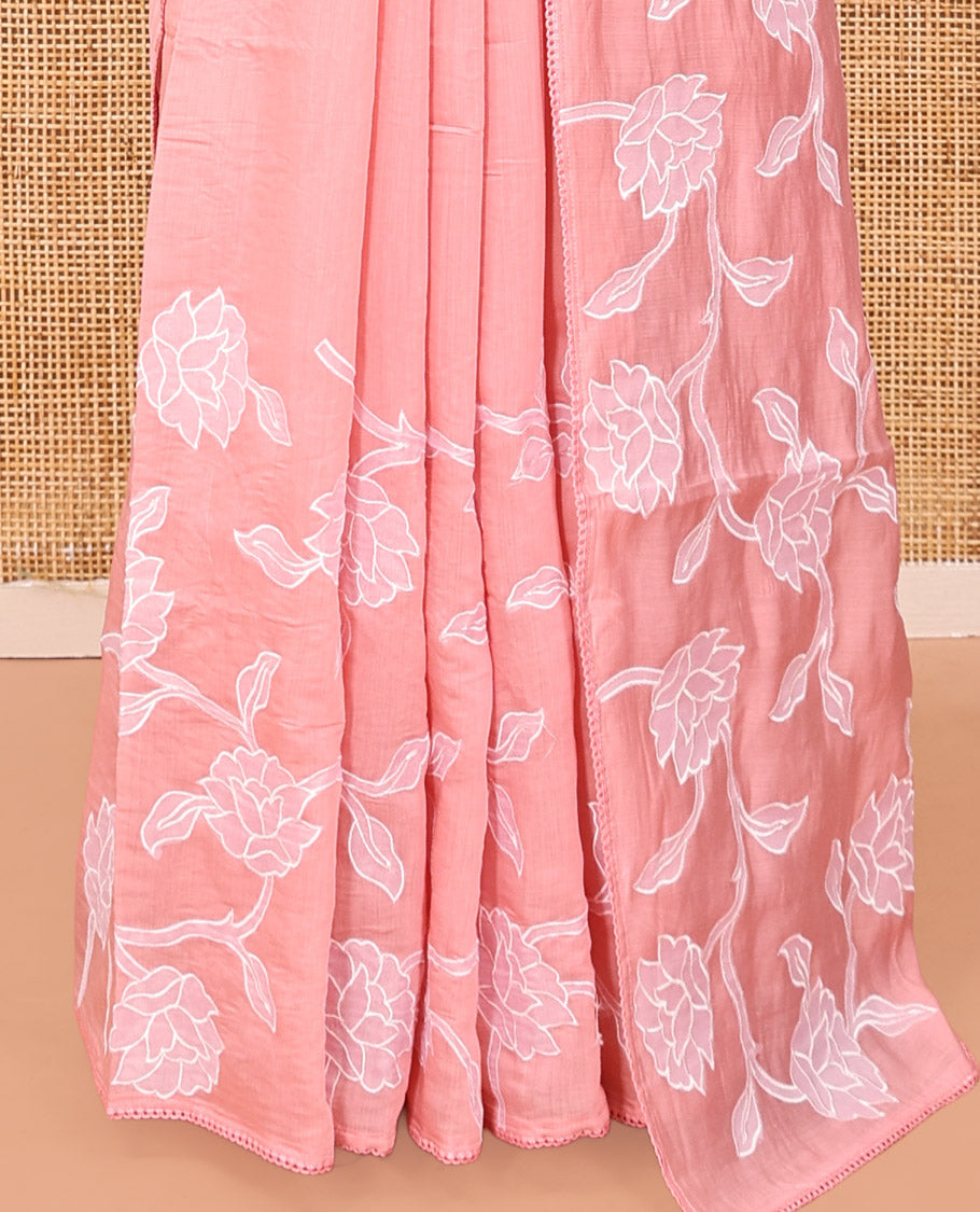 Pink Organza Saree, Adorned with Floral Vine Design, a Lace Border, and a Matching Blouse