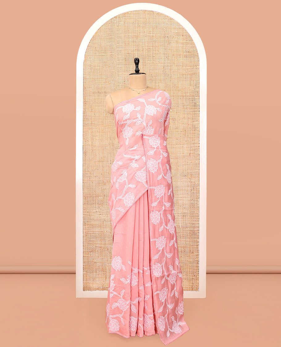 Pink Organza Saree, Adorned with Floral Vine Design, a Lace Border, and a Matching Blouse