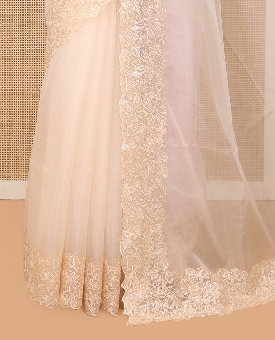 Light Sandal Plain Organza Saree, a Scallop Floral Sequins Embroidered Border, and a Matching Blouse