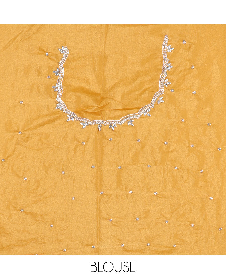 Yellow floral vine kardana embroidered designer saree, stone work border, and floral vine kardana embroidered pallu