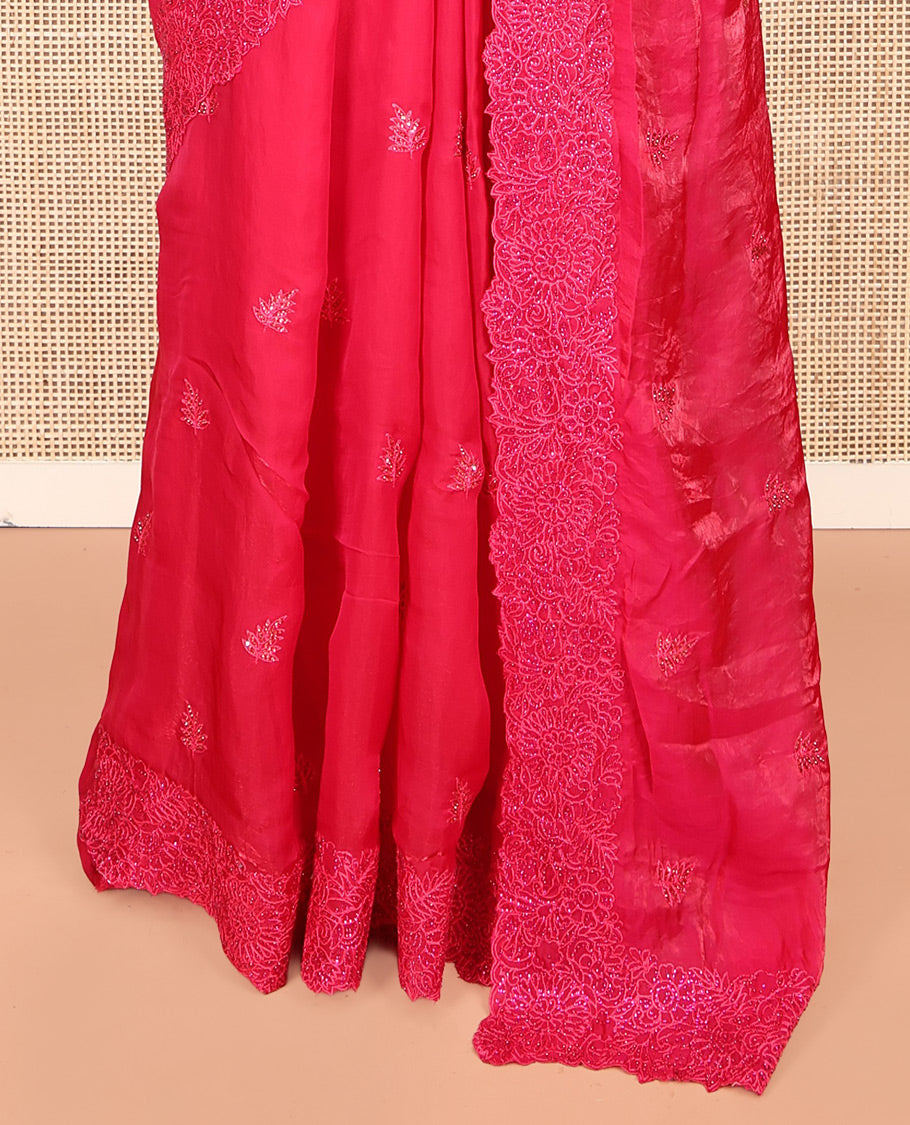 Pink Designer Saree, Prettified with Leaf Stone Patchwork, a Scallop Floral Stonework Border, and a Matching Blouse