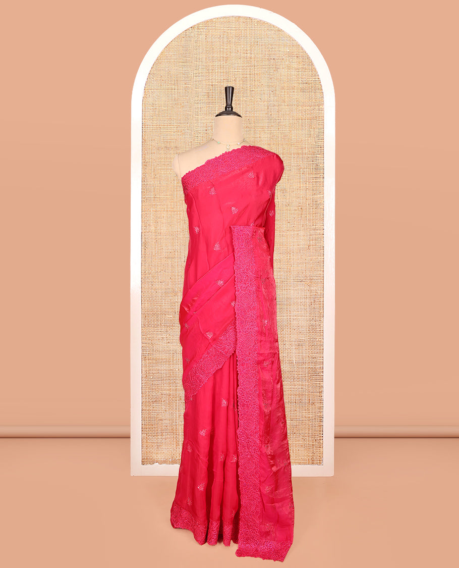 Pink Designer Saree, Prettified with Leaf Stone Patchwork, a Scallop Floral Stonework Border, and a Matching Blouse