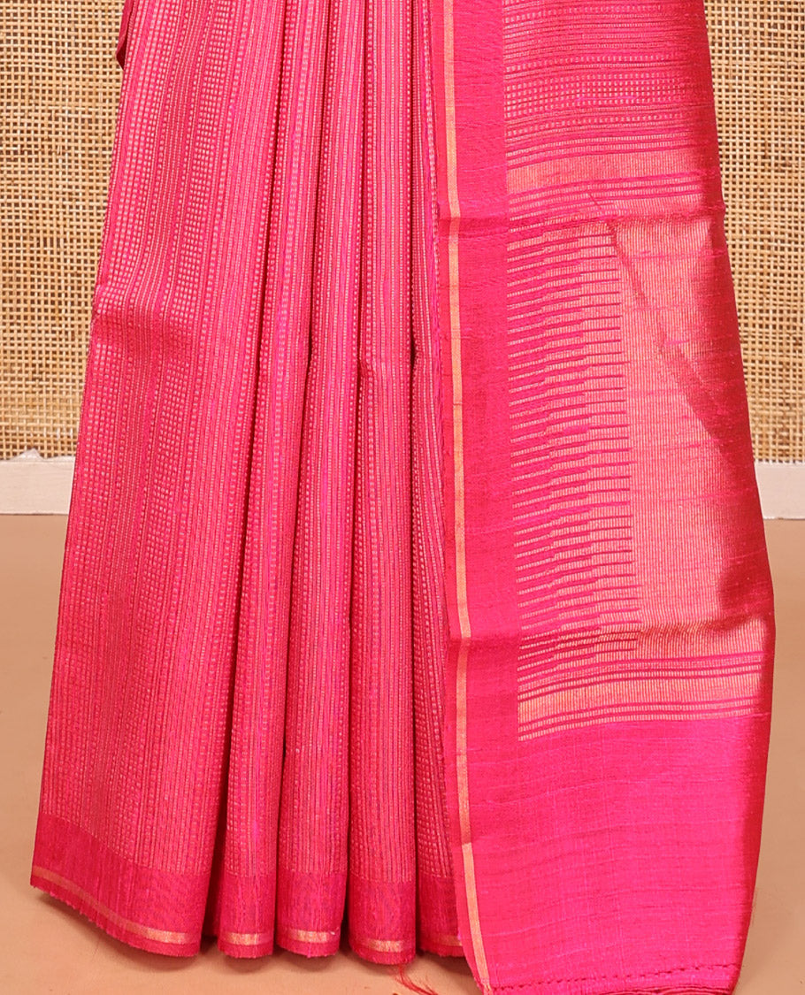 Rani Pink Dupion Silk Saree, Steeped in the Richness of Zari Stripes and Buttas, a Zari Piping Border, Temple Design Palllu