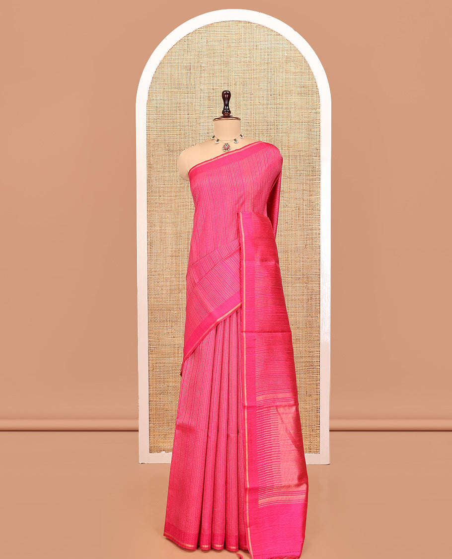 Rani Pink Dupion Silk Saree, Steeped in the Richness of Zari Stripes and Buttas, a Zari Piping Border, Temple Design Palllu