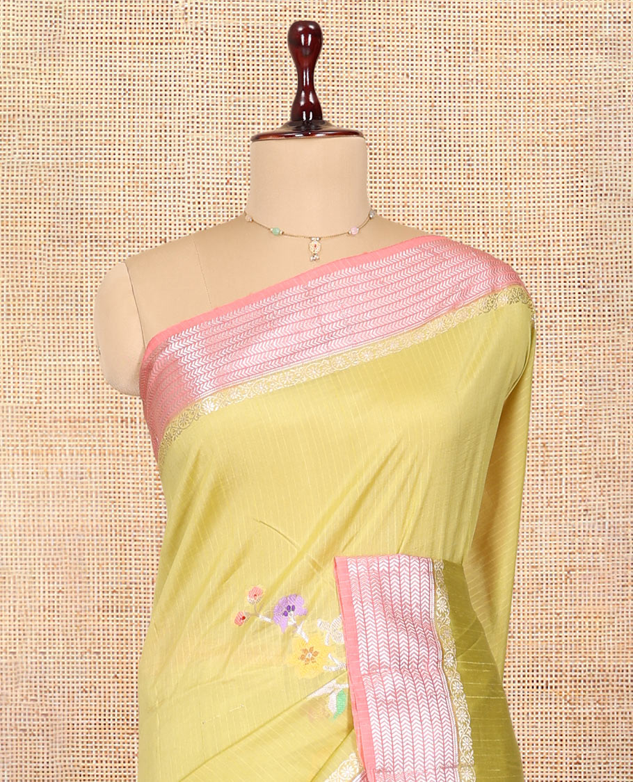 Pale Yellow Raw mango Silk Saree, Subtly Sparkled with Checks and Floral Buttas, a Contrast Floral Creeper Border, Intricate Pallu, and a Contrast Blouse