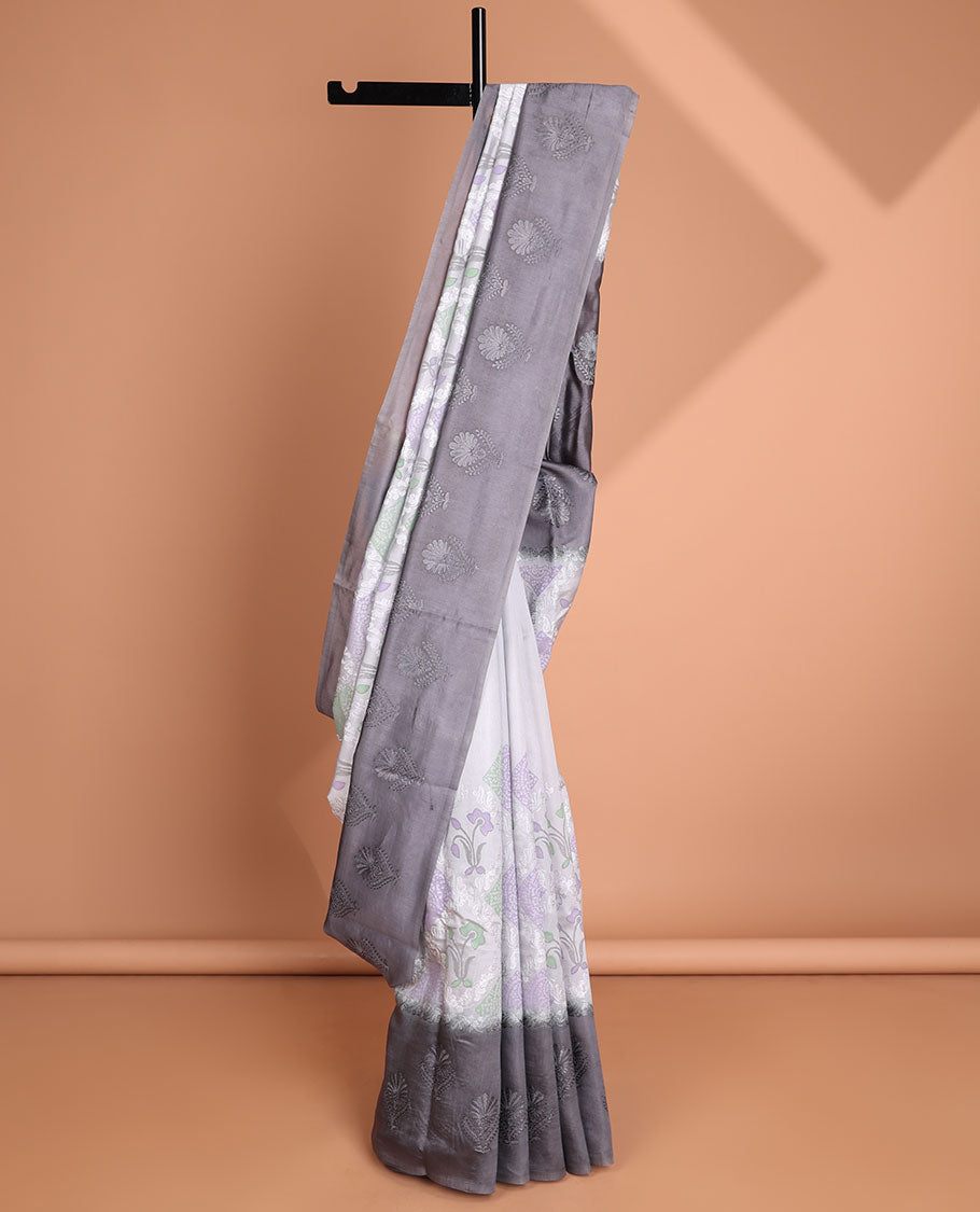 Grey checked, floral thread embroidery dupion saree with contrast floral embroidery border & floral thread embroidery pallu