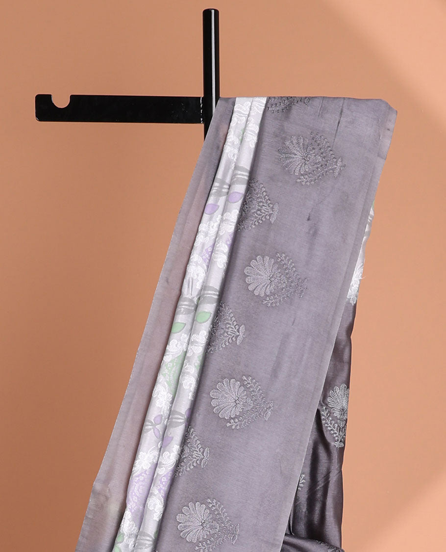Grey checked, floral thread embroidery dupion saree with contrast floral embroidery border & floral thread embroidery pallu