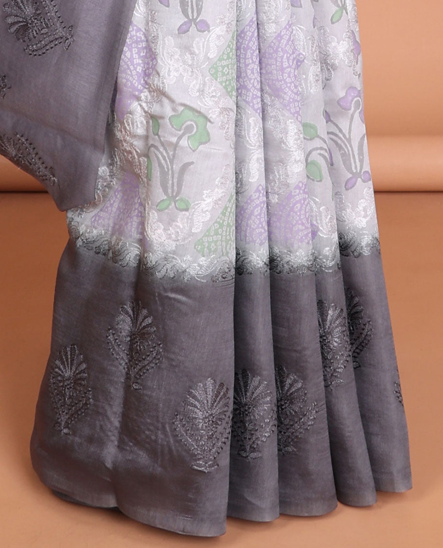 Grey checked, floral thread embroidery dupion saree with contrast floral embroidery border & floral thread embroidery pallu