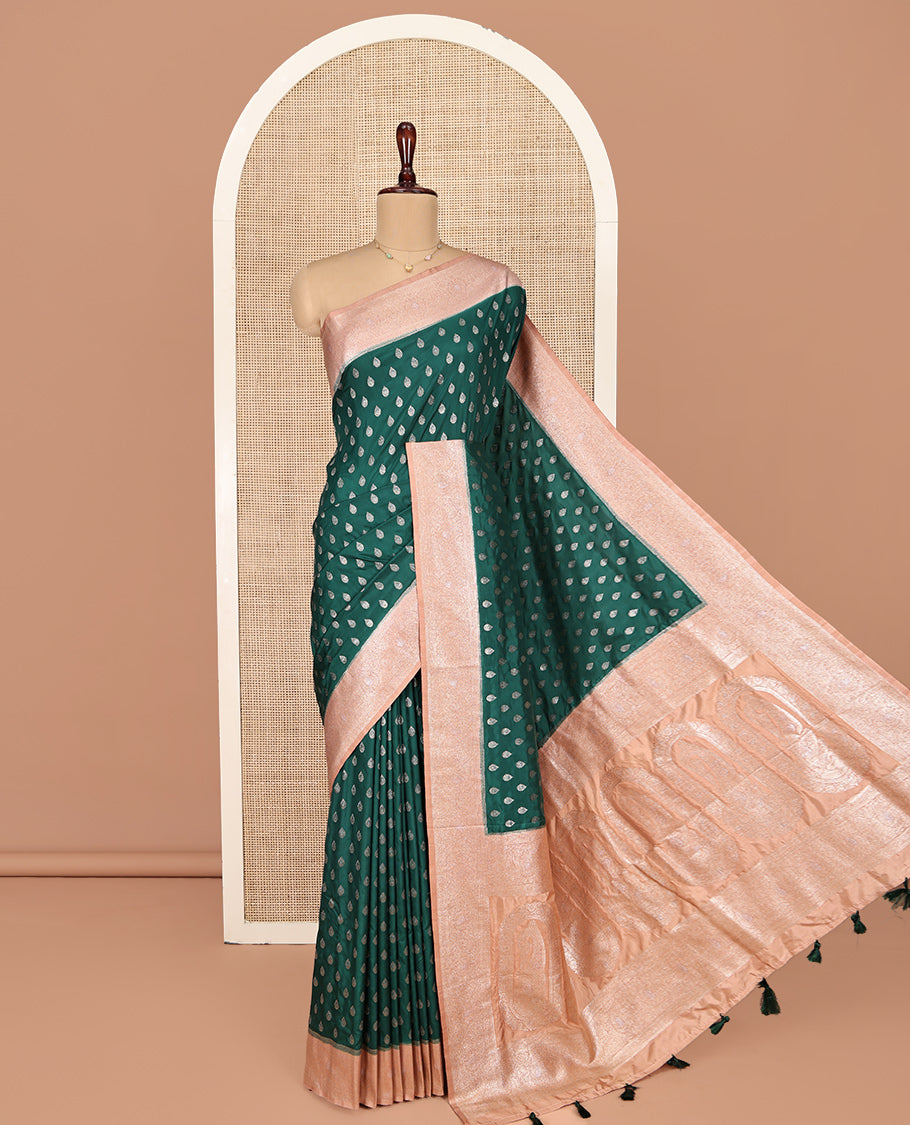 Green Semi-Banaras Dupion Saree, Meticulously Crafted with Buttas, Complemented by a Contrast Traditional Border, Grand Pallu, and a Contrast Blouse