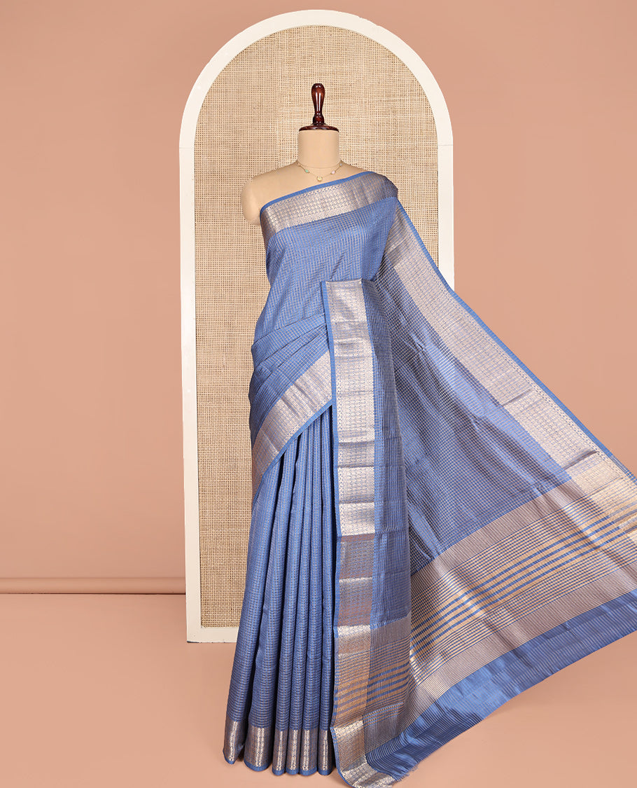 Blue Dupion Silk Saree, Elevated with Zari Micro-Checks, Highlighted by a Traditional Zari Design Border, Zari Striped Pallu, and a Matching Blouse