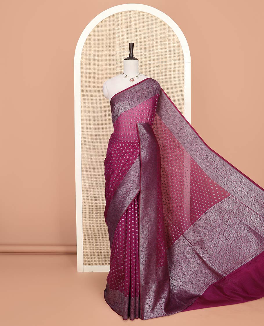 Purple Fancy Georgette Saree Prettified with Zari Buttas, Highlighted by a Traditional Zari Design Border, Grandly Woven Pallu Featuring Floral Jaal Designs in Zari, and Paired with a Matching Blouse