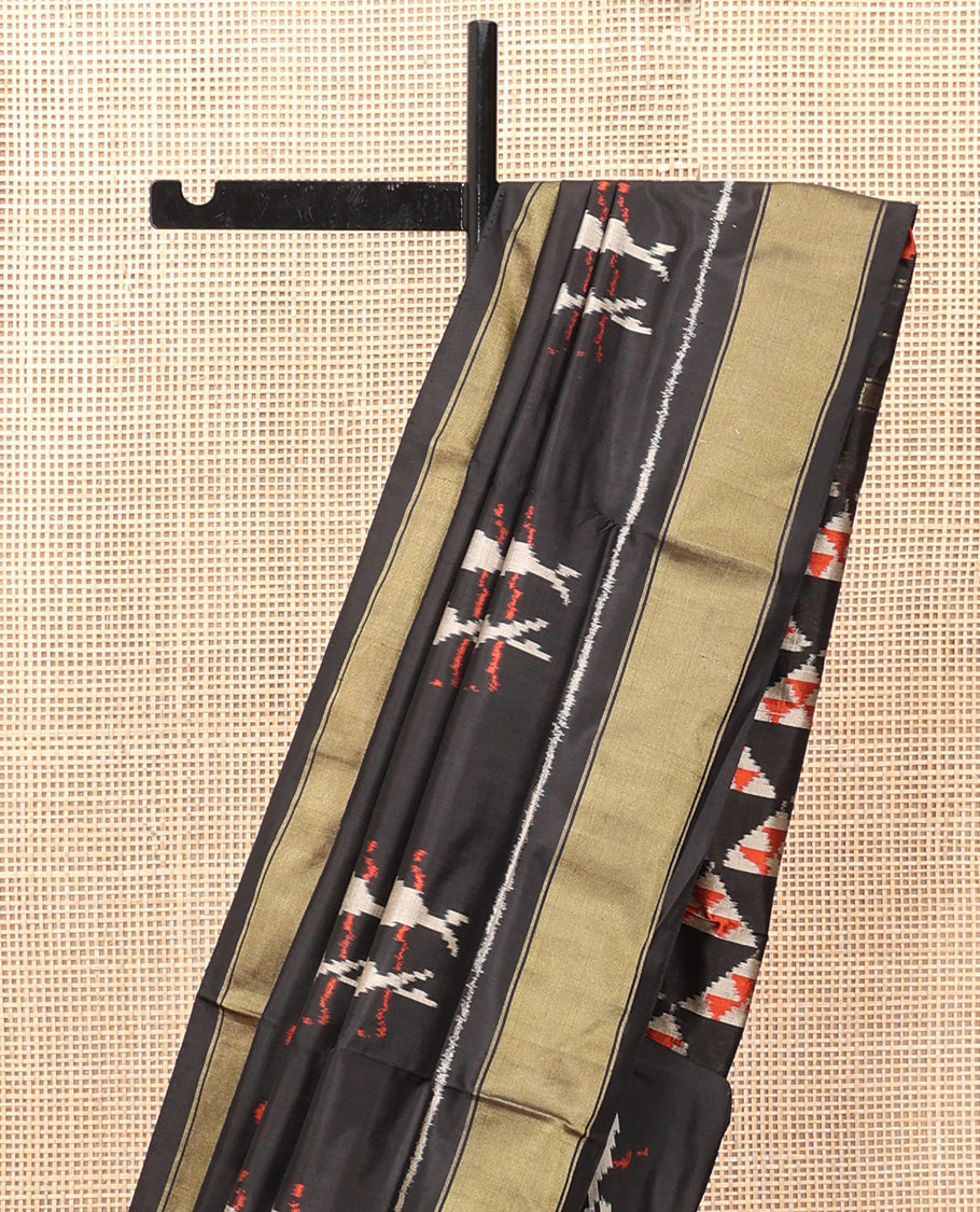 Black Pochampally Ikat Saree, Detailed with Bird Motifs, Zari Border, Triangle Motifs Pallu, and a Matching Blouse
