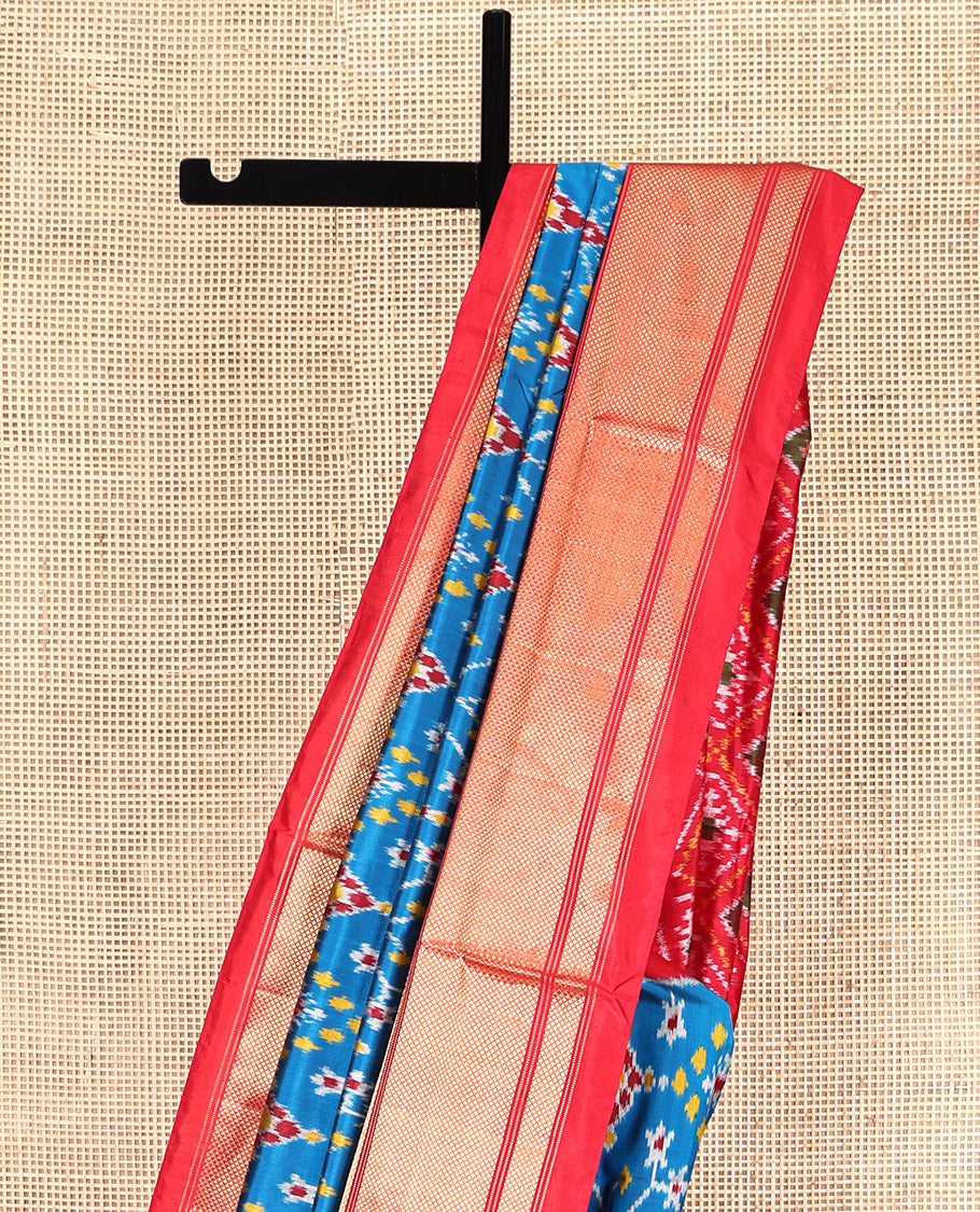 Blue Pochampally Ikat Silk Saree, Adorned with Ikat Patterns on Its Body, Complemented by a Contrast Temple Traditional Woven Border, Pallu of Jaal Ikkat Weave, and Paired with a Contrast Blouse