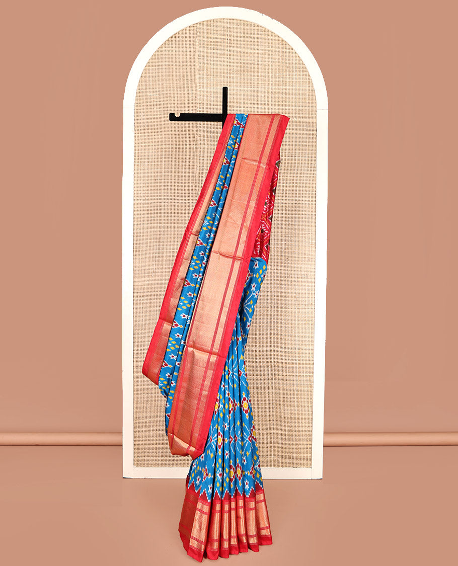 Blue Pochampally Ikat Silk Saree, Adorned with Ikat Patterns on Its Body, Complemented by a Contrast Temple Traditional Woven Border, Pallu of Jaal Ikkat Weave, and Paired with a Contrast Blouse