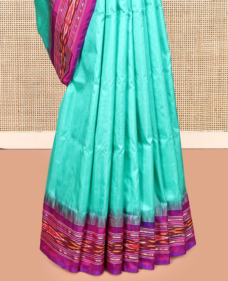 Blue Plain Pochampally Ikat Silk Saree, Complemented by a Contrast Temple Ikat Border, Ikat-Style Pallu, and No Blouse