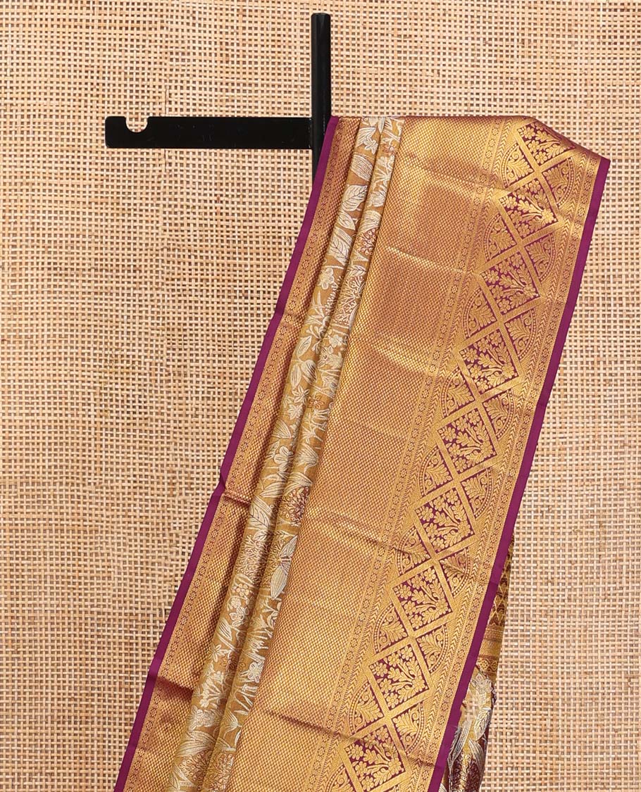 Gold Kanchipuram Tissue Silk Saree, Spotlighted with Jacquard Designs on Its Body, Complemented by a Contrast Border of Thilakam Mokku, Kamalam, Mayil, Mayil Kann, and Diamond Designs, Intricately Designed Pallu, and Paired with a Contrast Blouse