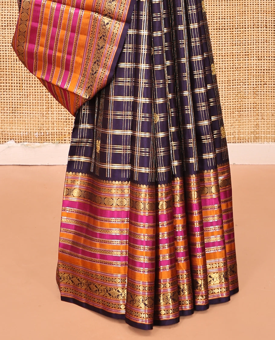 Violet Kanchipuram Designer Silk Saree Features Mayil-Chakra Checks, Contrast Border of Thilakam Mokku, Muthu, Poun, Chakram, Neli, and Mayil Kann, Geometric Pallu, and a Matching Blouse