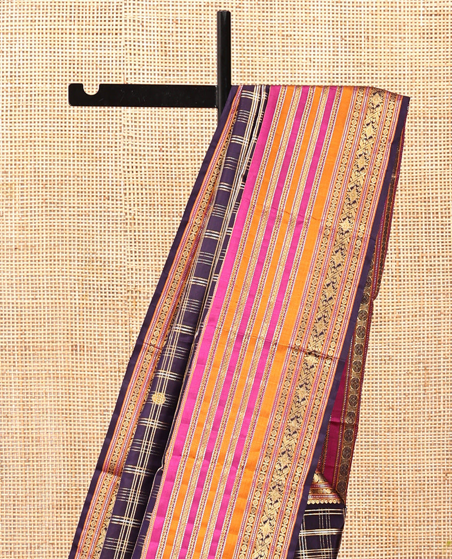Violet Kanchipuram Designer Silk Saree Features Mayil-Chakra Checks, Contrast Border of Thilakam Mokku, Muthu, Poun, Chakram, Neli, and Mayil Kann, Geometric Pallu, and a Matching Blouse