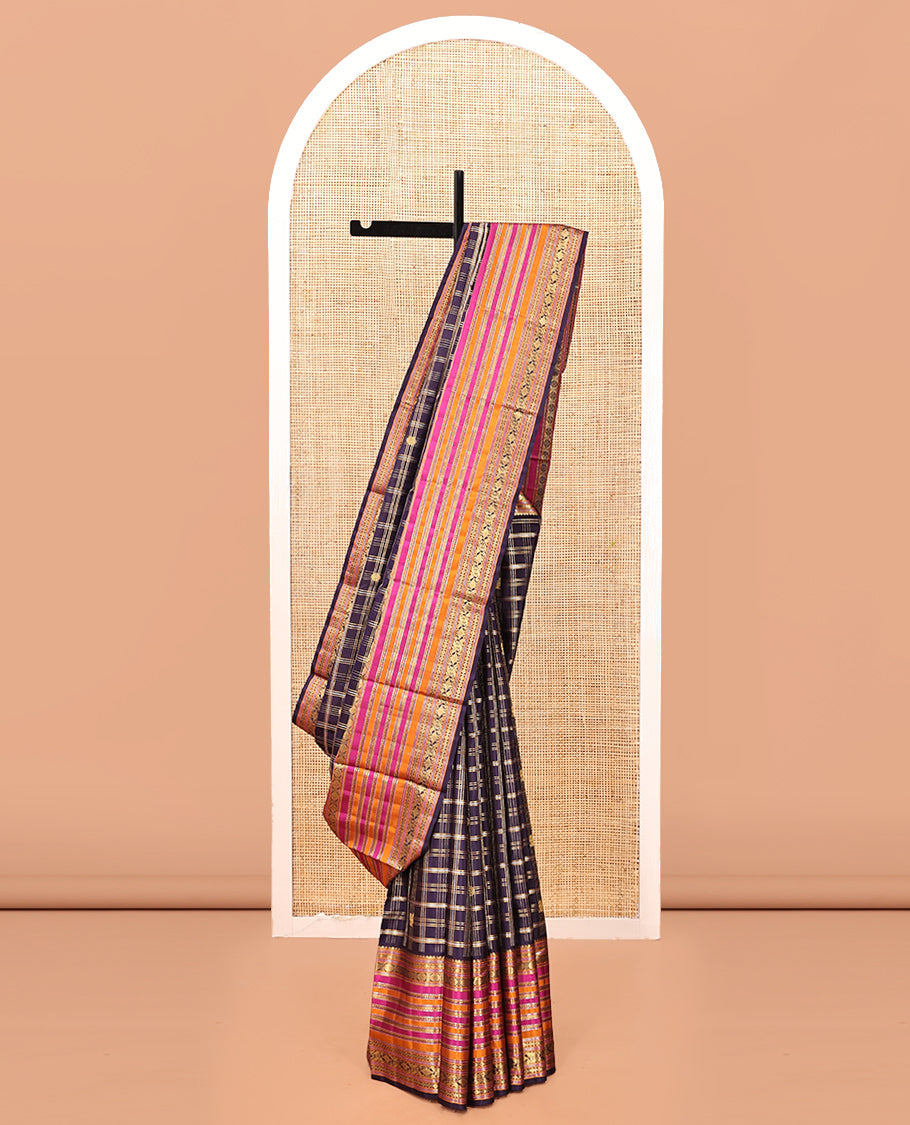 Violet Kanchipuram Designer Silk Saree Features Mayil-Chakra Checks, Contrast Border of Thilakam Mokku, Muthu, Poun, Chakram, Neli, and Mayil Kann, Geometric Pallu, and a Matching Blouse