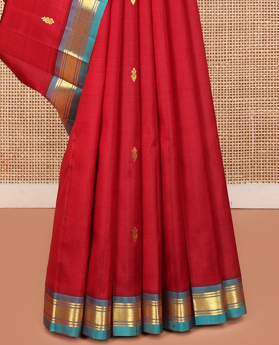 Red Kanchipuram Silk Saree, Woven with Zari Buttas, a Contrast One-Sided Border of Jaal Designs, a Zari-Design Pallu, and No Blouse